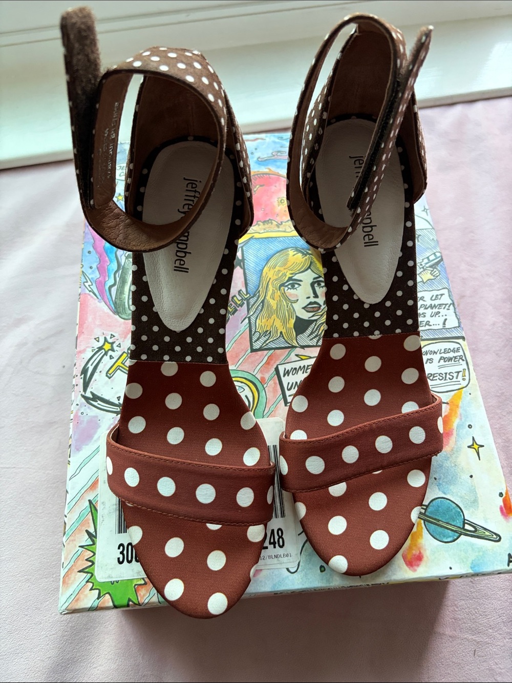 Jeffrey Campbell Brown and White Polka Dot Women’s Sandals size 8 in box.
